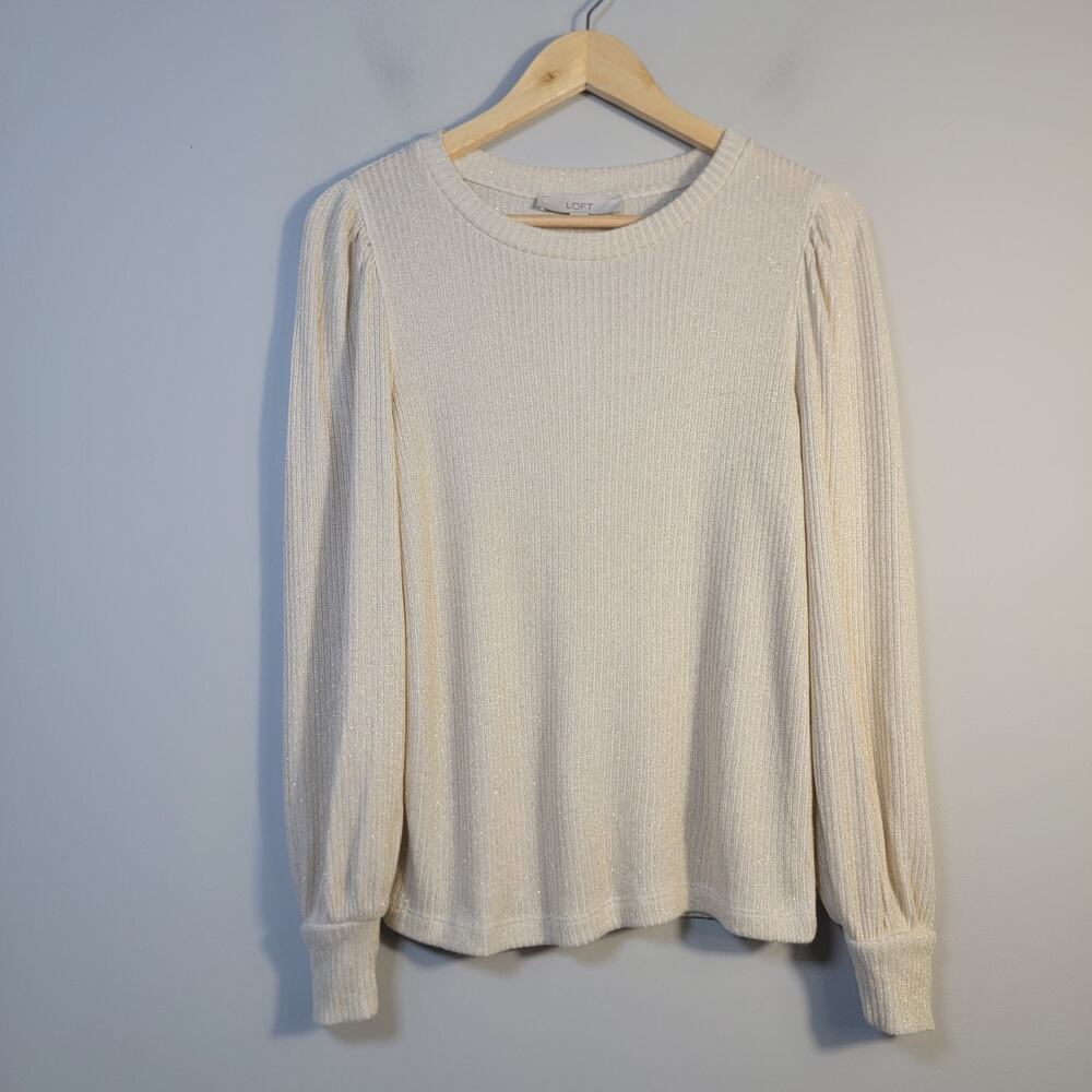 NWT Loft S Long Puff Sleeve Metalic Knit Top Pullover Gold Beige